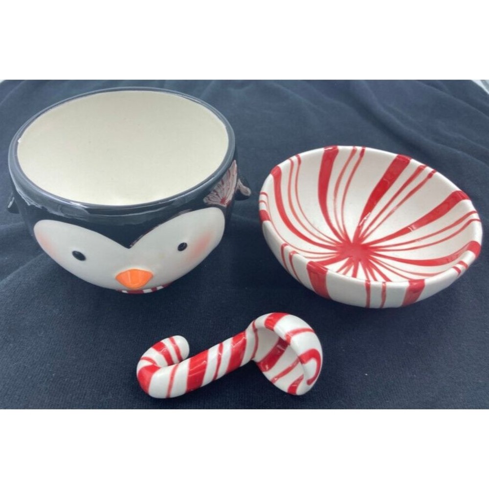 3 Piece Hallmark Candy Cane Penguin Ceramic Bowls w/Ladle - Holiday Christmas
